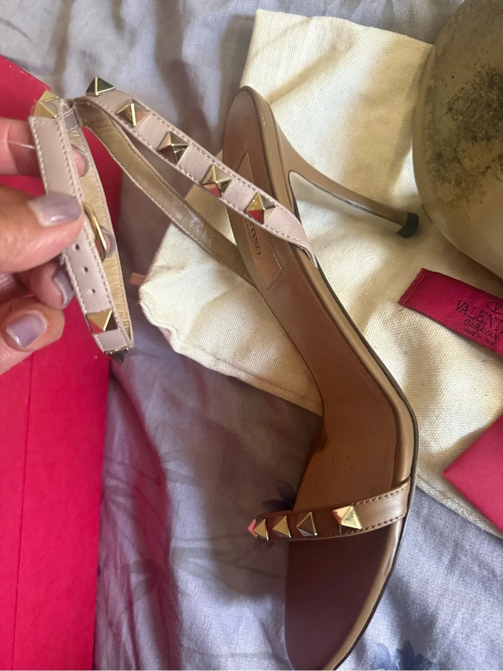 Valentino Garavani Rockstud Tan Leather Ankle Strap heeled Sandals